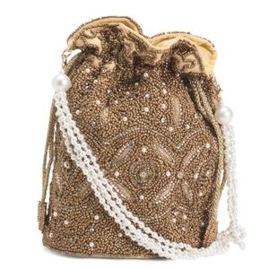 Viral Natasha Beaded Brown Drawstring Handbag